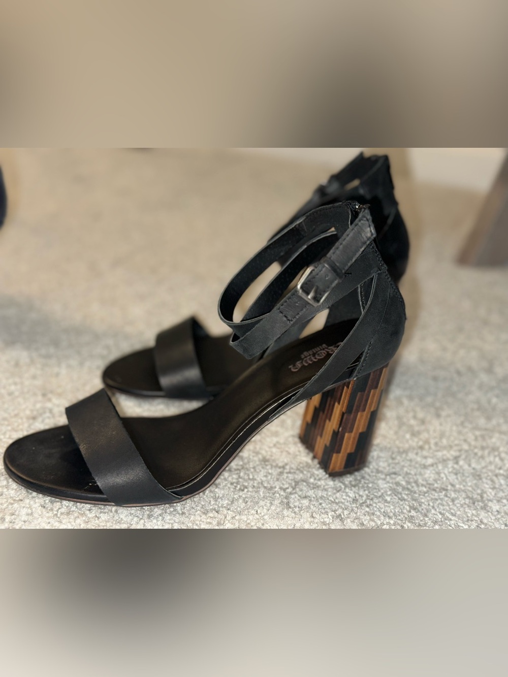 Crown Vintage Black Strappy Heels with Wood-Pattern Block Heel